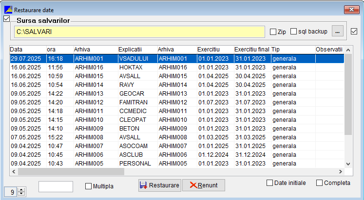 Fereastra Restaurare Date